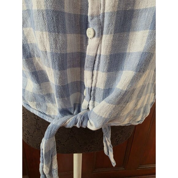 Beach Lunch Lounge Blue & White Checkered Linen-Cotton Tie-Front Shirt Size M - Picture 5 of 7